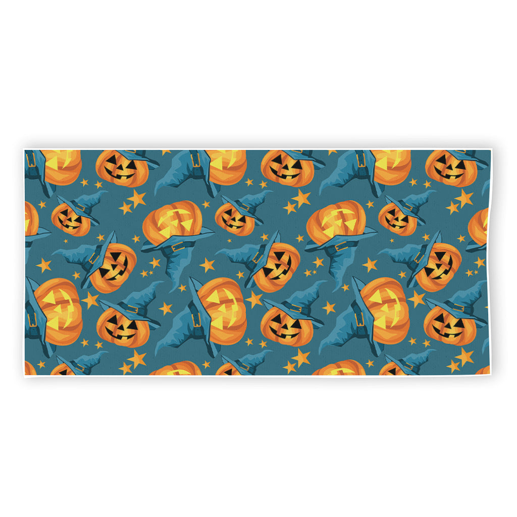 Pumpkin With Witch Hat Pattern Print Beach Towel