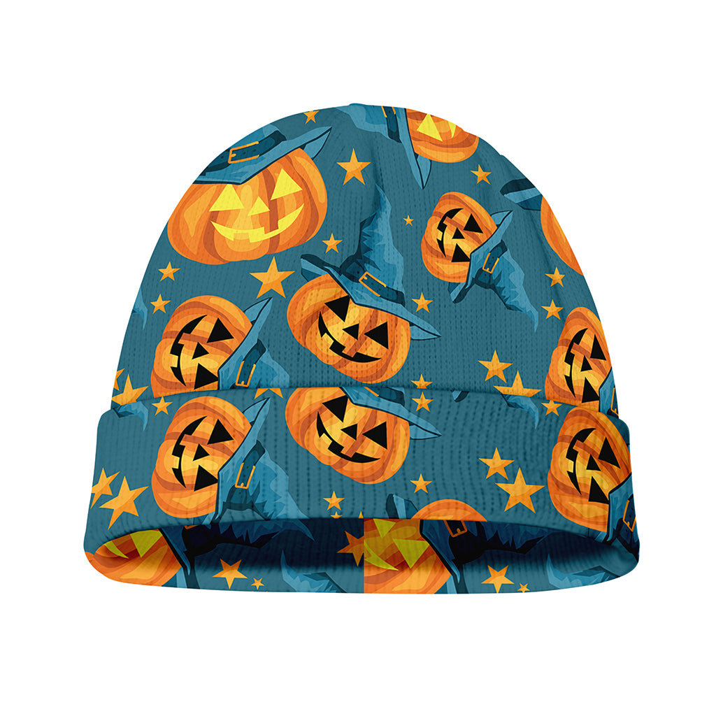 Pumpkin With Witch Hat Pattern Print Beanie