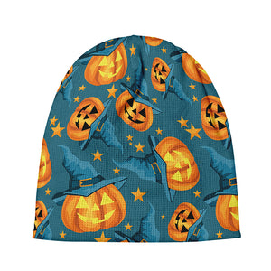 Pumpkin With Witch Hat Pattern Print Beanie