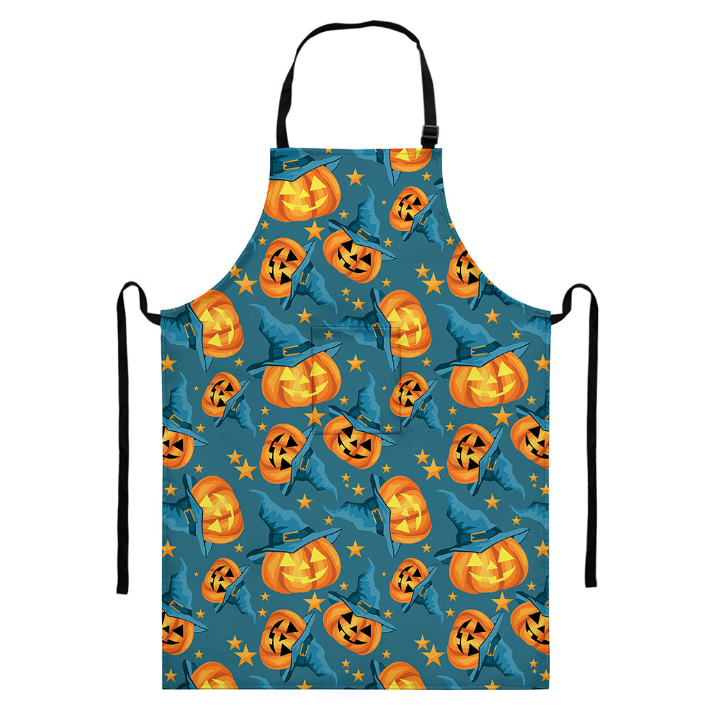 Pumpkin With Witch Hat Pattern Print Bib Apron With Pocket
