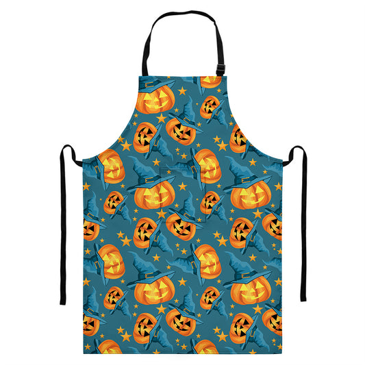 Pumpkin With Witch Hat Pattern Print Bib Apron With Pocket