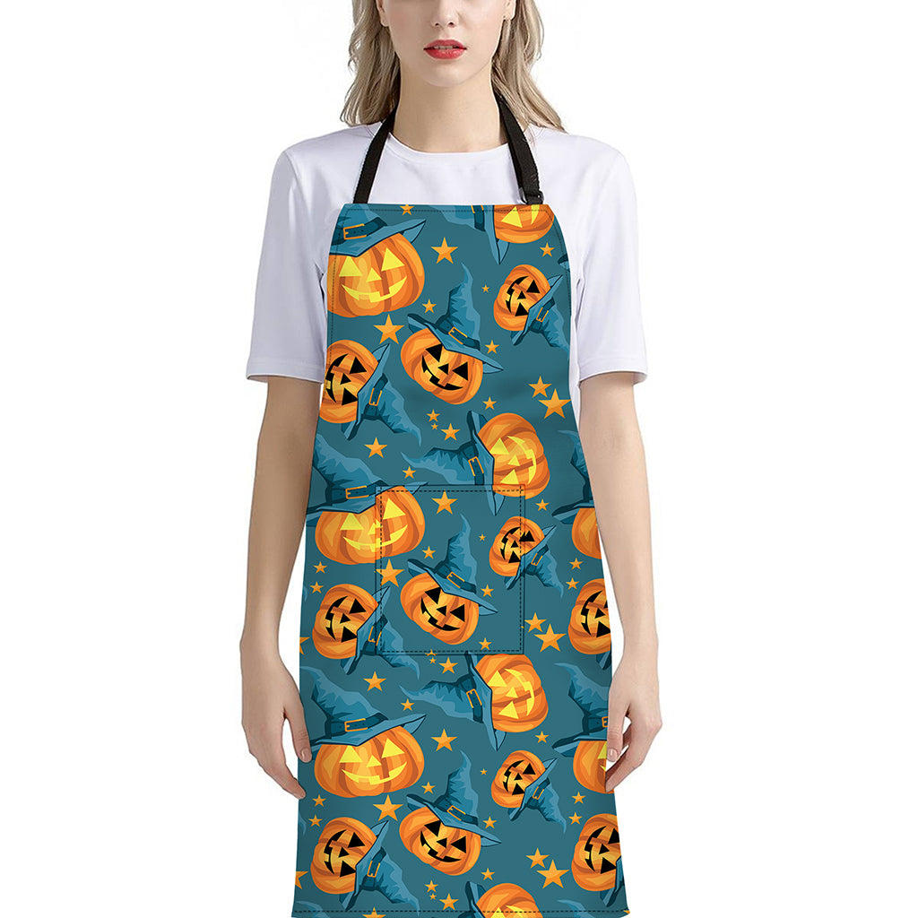 Pumpkin With Witch Hat Pattern Print Bib Apron With Pocket
