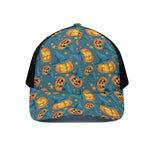 Pumpkin With Witch Hat Pattern Print Black Mesh Trucker Cap