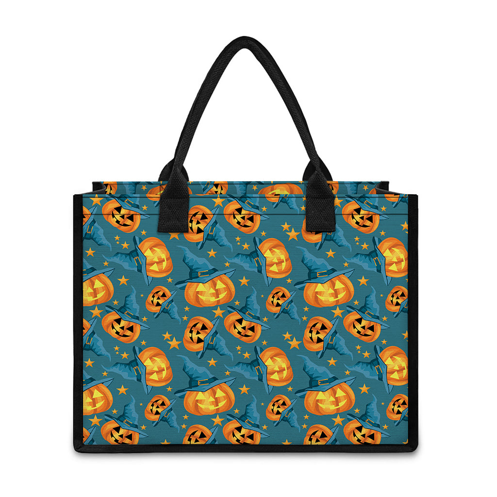 Pumpkin With Witch Hat Pattern Print Canvas Tote Bag