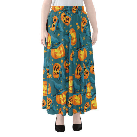 Pumpkin With Witch Hat Pattern Print Chiffon Maxi Skirt