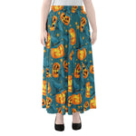 Pumpkin With Witch Hat Pattern Print Chiffon Maxi Skirt