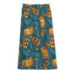 Pumpkin With Witch Hat Pattern Print Cotton Front Slit Maxi Skirt