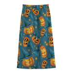 Pumpkin With Witch Hat Pattern Print Cotton Front Slit Maxi Skirt
