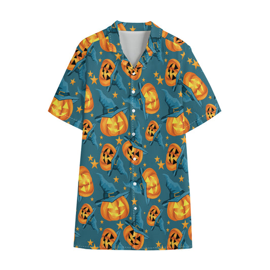 Pumpkin With Witch Hat Pattern Print Cotton Hawaiian Shirt
