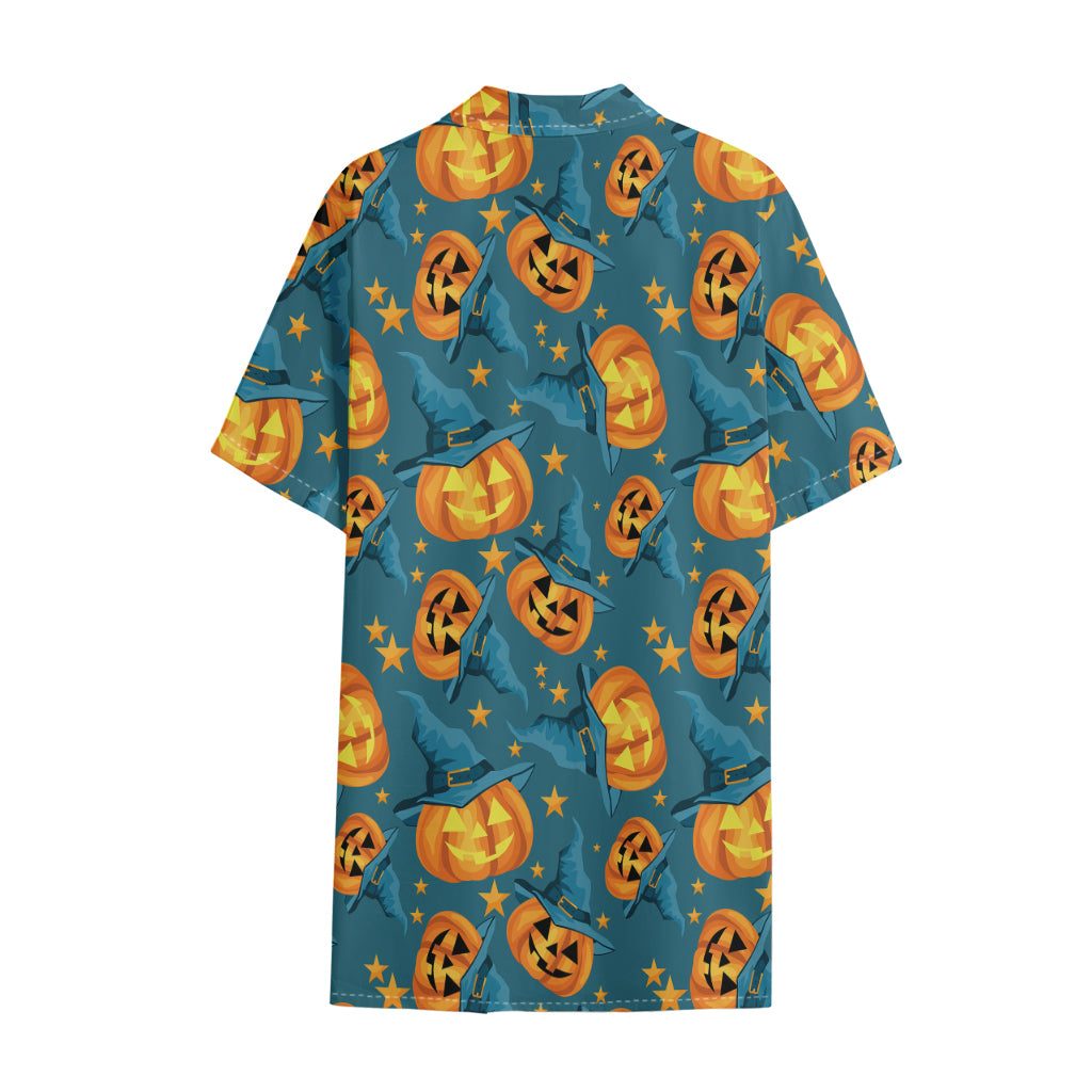 Pumpkin With Witch Hat Pattern Print Cotton Hawaiian Shirt