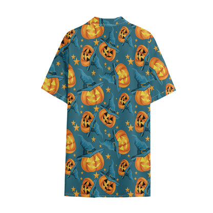 Pumpkin With Witch Hat Pattern Print Cotton Hawaiian Shirt