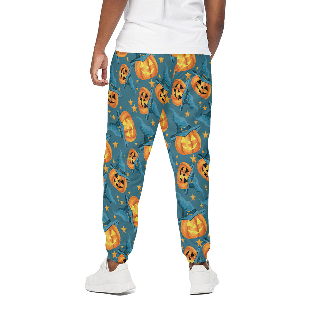 Pumpkin With Witch Hat Pattern Print Cotton Pants