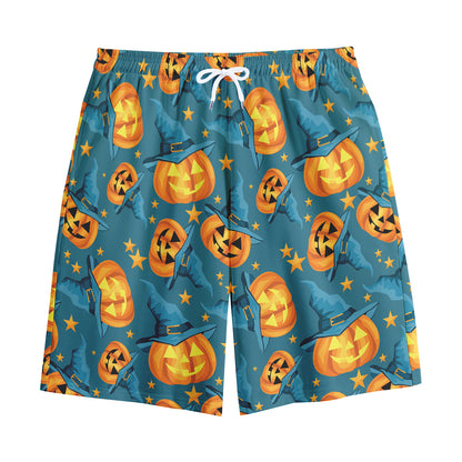 Pumpkin With Witch Hat Pattern Print Cotton Shorts