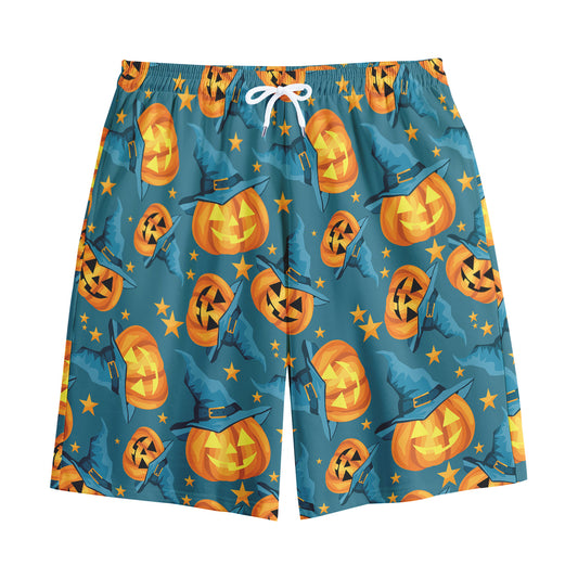 Pumpkin With Witch Hat Pattern Print Cotton Shorts
