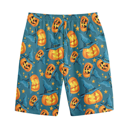 Pumpkin With Witch Hat Pattern Print Cotton Shorts