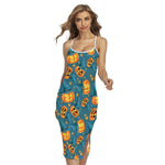 Pumpkin With Witch Hat Pattern Print Cross Back Cami Dress