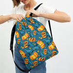 Pumpkin With Witch Hat Pattern Print Drawstring Backpack