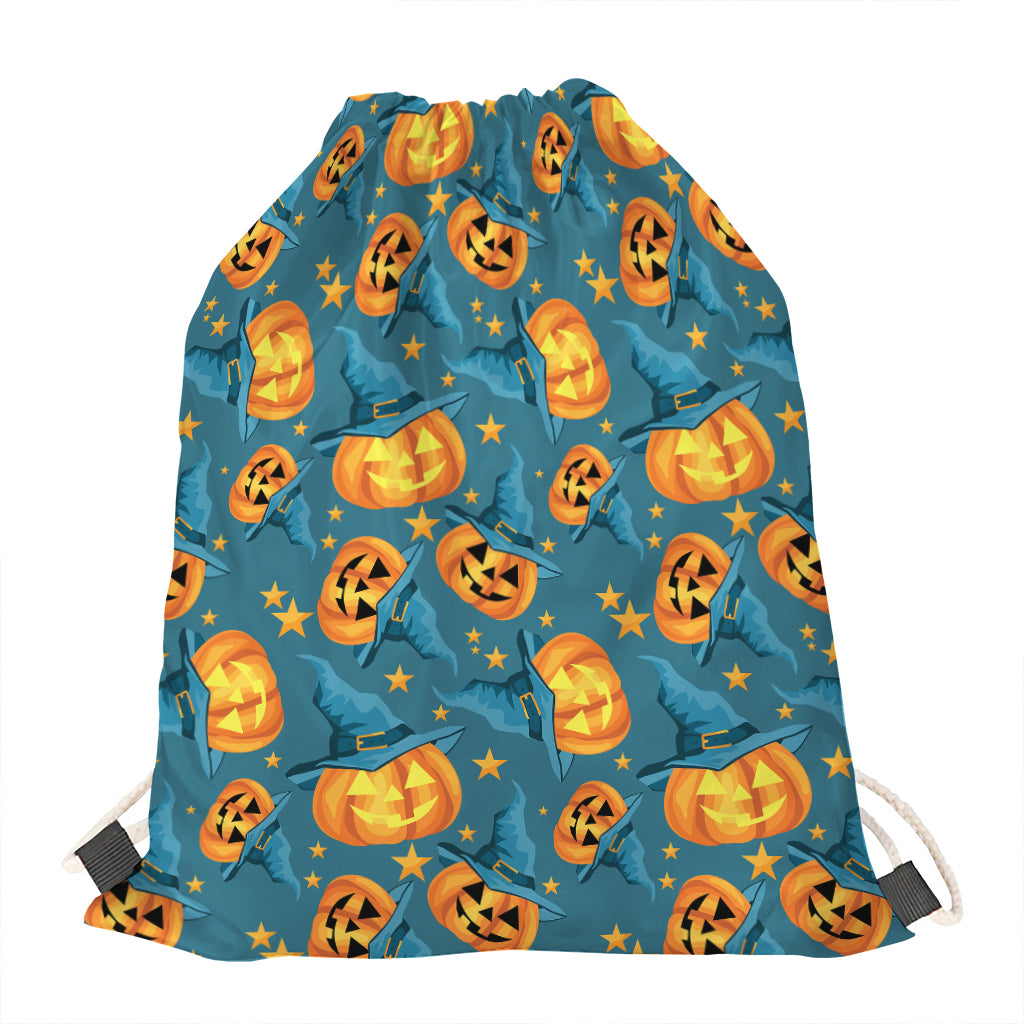 Pumpkin With Witch Hat Pattern Print Drawstring Bag