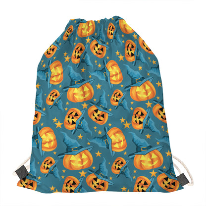 Pumpkin With Witch Hat Pattern Print Drawstring Bag