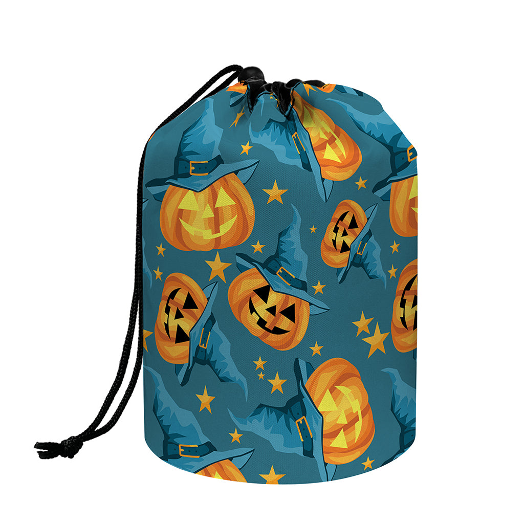 Pumpkin With Witch Hat Pattern Print Drawstring Makeup Bag