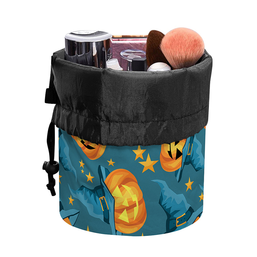 Pumpkin With Witch Hat Pattern Print Drawstring Makeup Bag