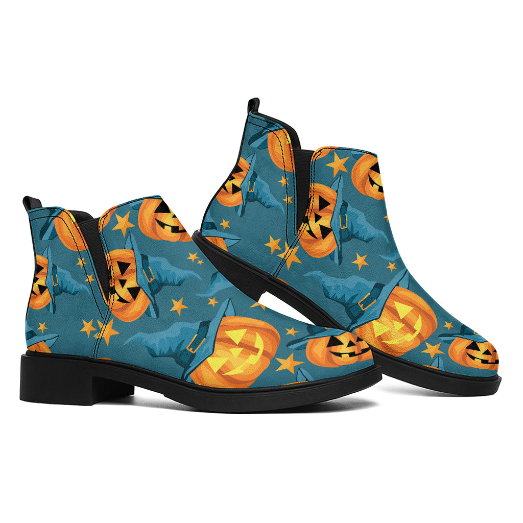 Pumpkin With Witch Hat Pattern Print Flat Ankle Boots