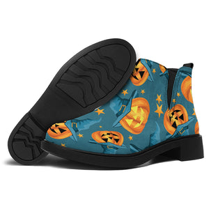 Pumpkin With Witch Hat Pattern Print Flat Ankle Boots