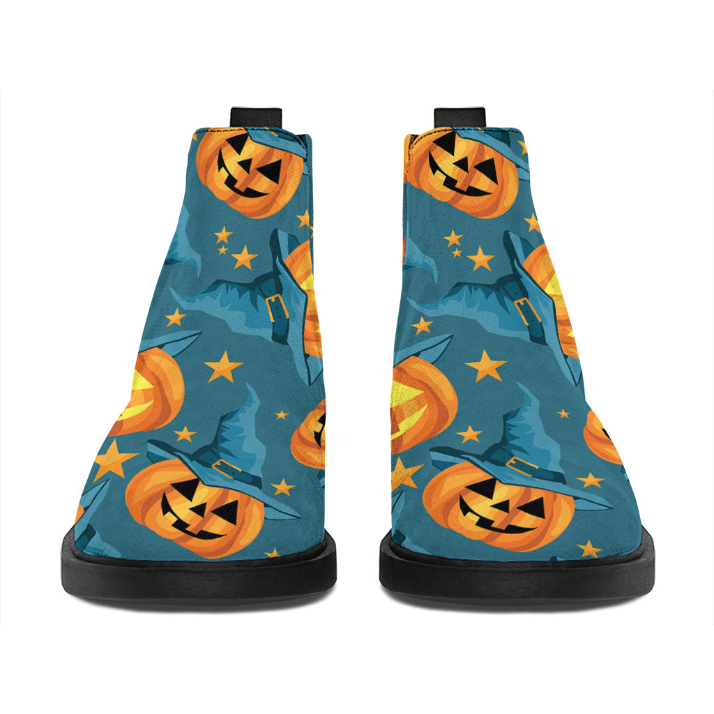 Pumpkin With Witch Hat Pattern Print Flat Ankle Boots