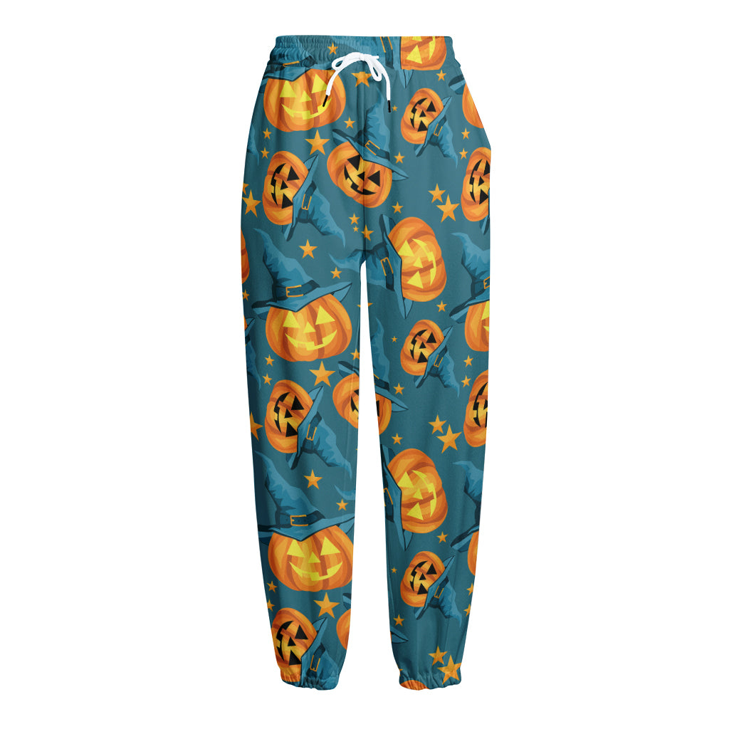 Pumpkin With Witch Hat Pattern Print Fleece Lined Knit Pants