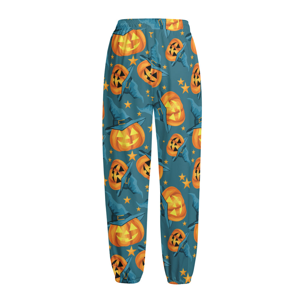 Pumpkin With Witch Hat Pattern Print Fleece Lined Knit Pants