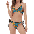 Pumpkin With Witch Hat Pattern Print Halter Scoop Tie Side Bikini
