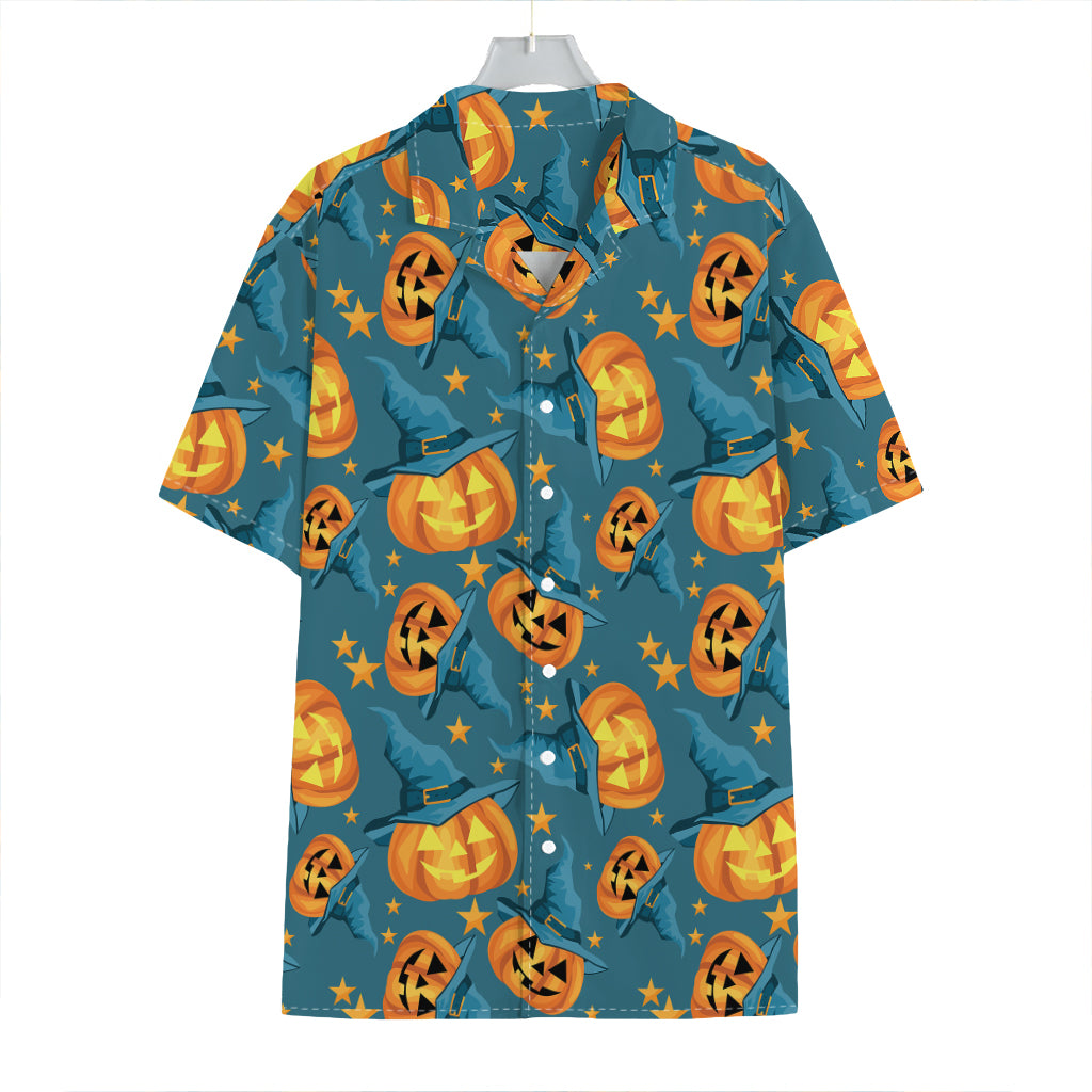 Pumpkin With Witch Hat Pattern Print Hawaiian Shirt