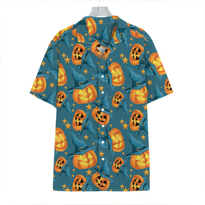 Pumpkin With Witch Hat Pattern Print Hawaiian Shirt