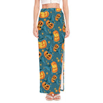 Pumpkin With Witch Hat Pattern Print High Slit Maxi Skirt