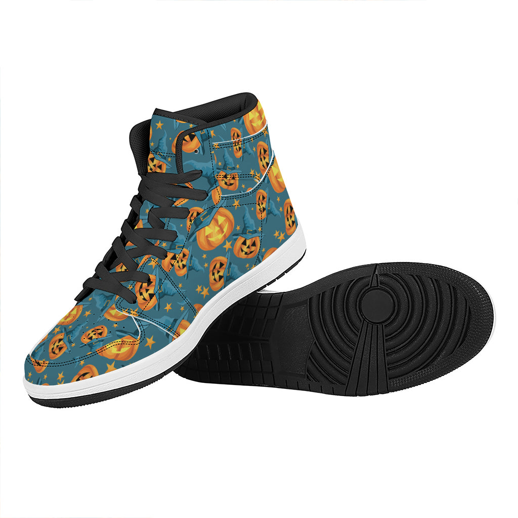 Pumpkin With Witch Hat Pattern Print High Top Leather Sneakers