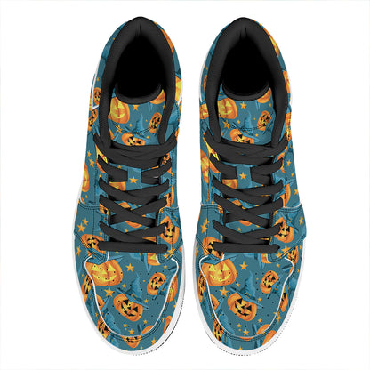 Pumpkin With Witch Hat Pattern Print High Top Leather Sneakers