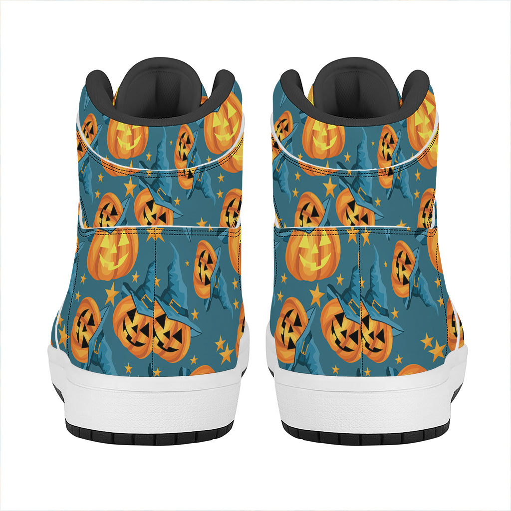Pumpkin With Witch Hat Pattern Print High Top Leather Sneakers