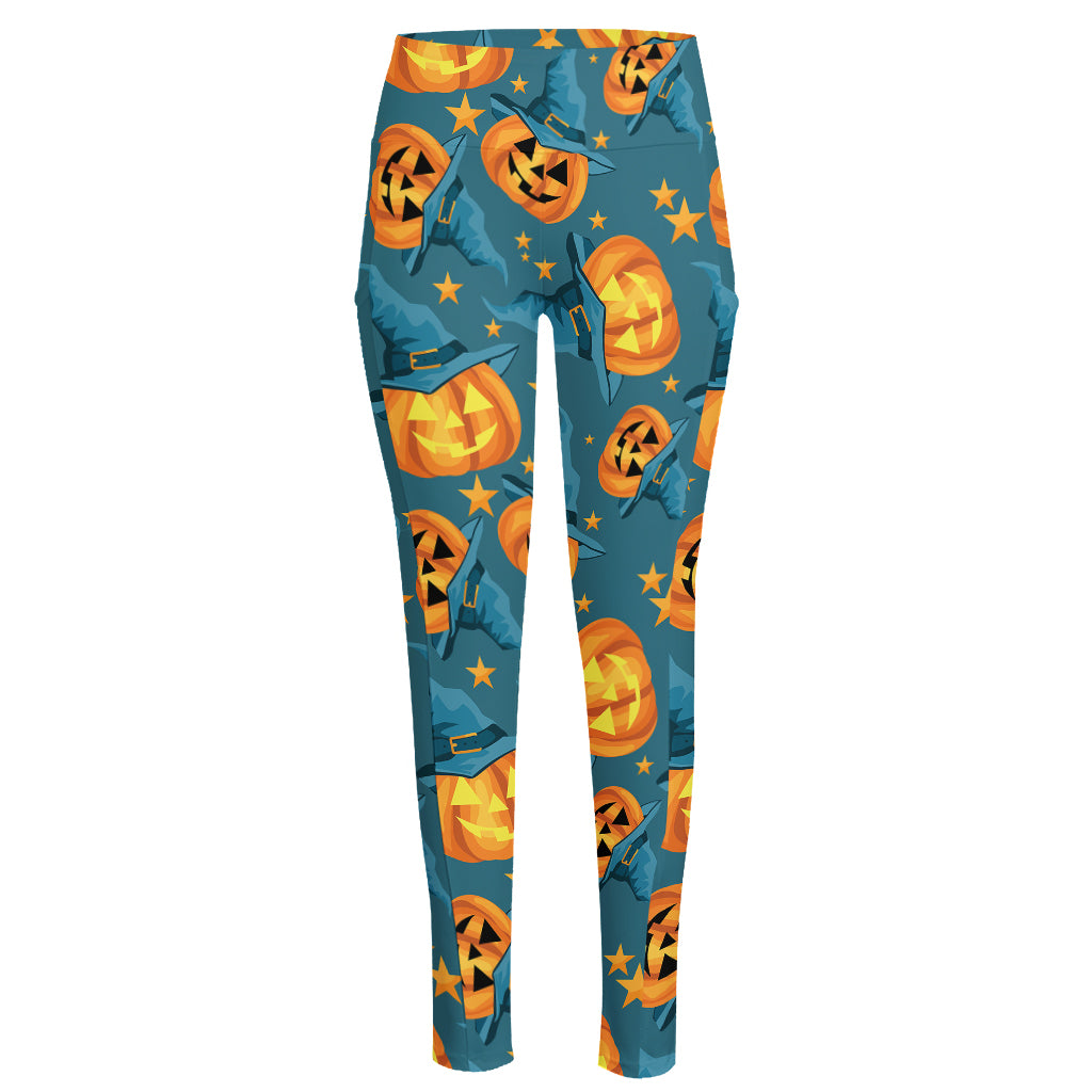 Pumpkin With Witch Hat Pattern Print High-Waisted Pocket Leggings