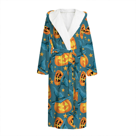 Pumpkin With Witch Hat Pattern Print Hooded Bathrobe