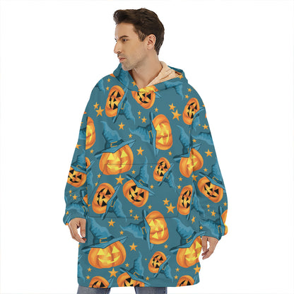 Pumpkin With Witch Hat Pattern Print Hoodie Blanket