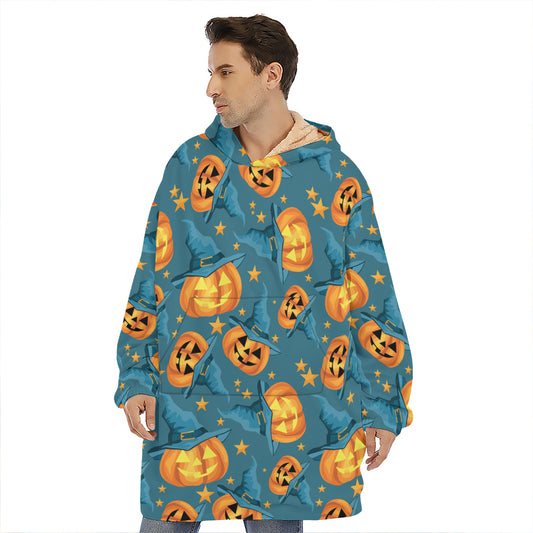Pumpkin With Witch Hat Pattern Print Hoodie Blanket