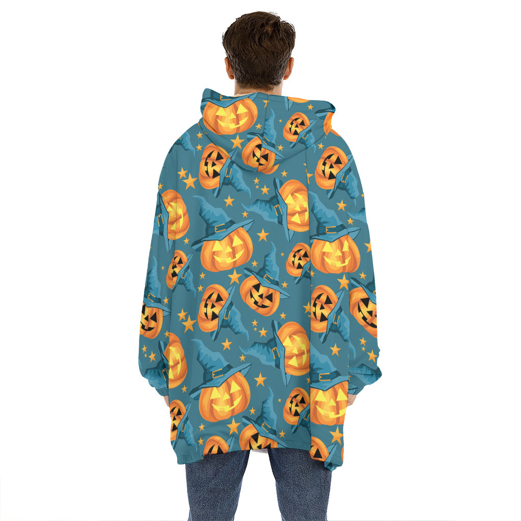 Pumpkin With Witch Hat Pattern Print Hoodie Blanket