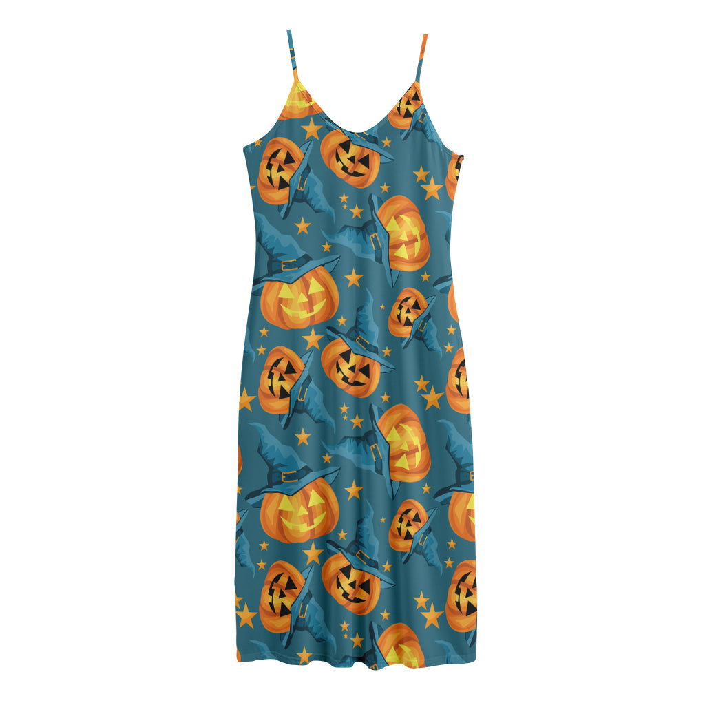 Pumpkin With Witch Hat Pattern Print Jersey Midi Cami Dress