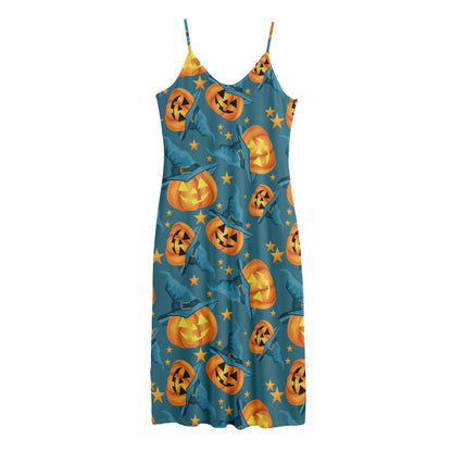 Pumpkin With Witch Hat Pattern Print Jersey Midi Cami Dress
