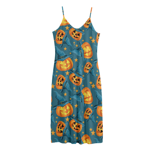 Pumpkin With Witch Hat Pattern Print Jersey Midi Cami Dress