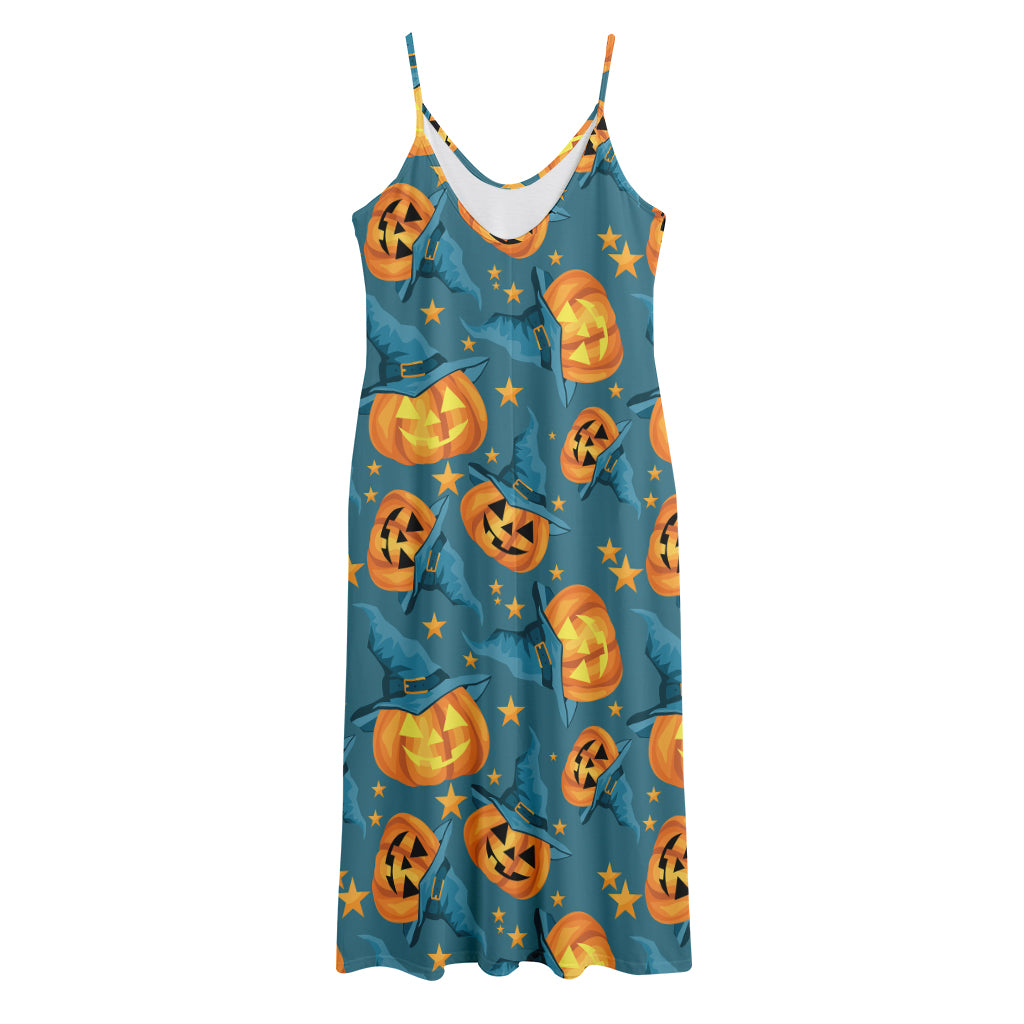 Pumpkin With Witch Hat Pattern Print Jersey Midi Cami Dress