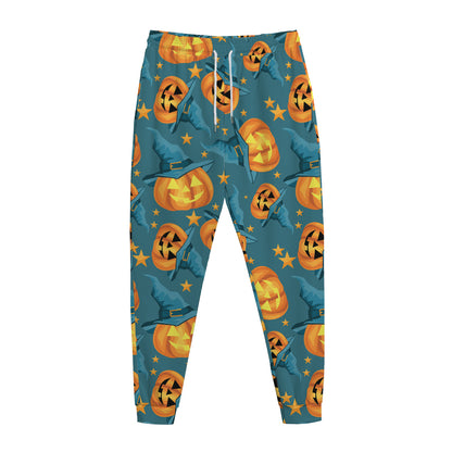 Pumpkin With Witch Hat Pattern Print Jogger Pants