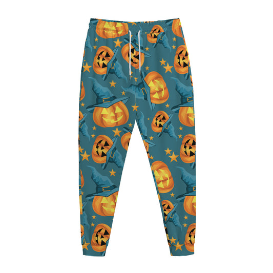 Pumpkin With Witch Hat Pattern Print Jogger Pants