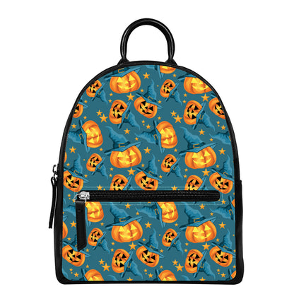 Pumpkin With Witch Hat Pattern Print Leather Backpack