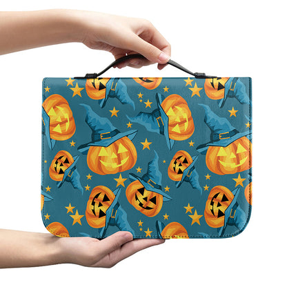 Pumpkin With Witch Hat Pattern Print Leather Bible Cover